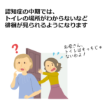 認知症の中期では、トイレの場所がわからないなど、徘徊が見られるようになります。